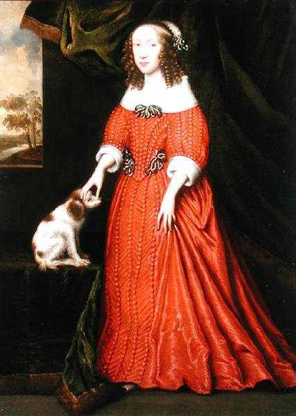 Portrett av en ung dame i en rød kjole med en kjæledyrspaniel (olje på lerret) av Gilbert (attr.to) Jackson