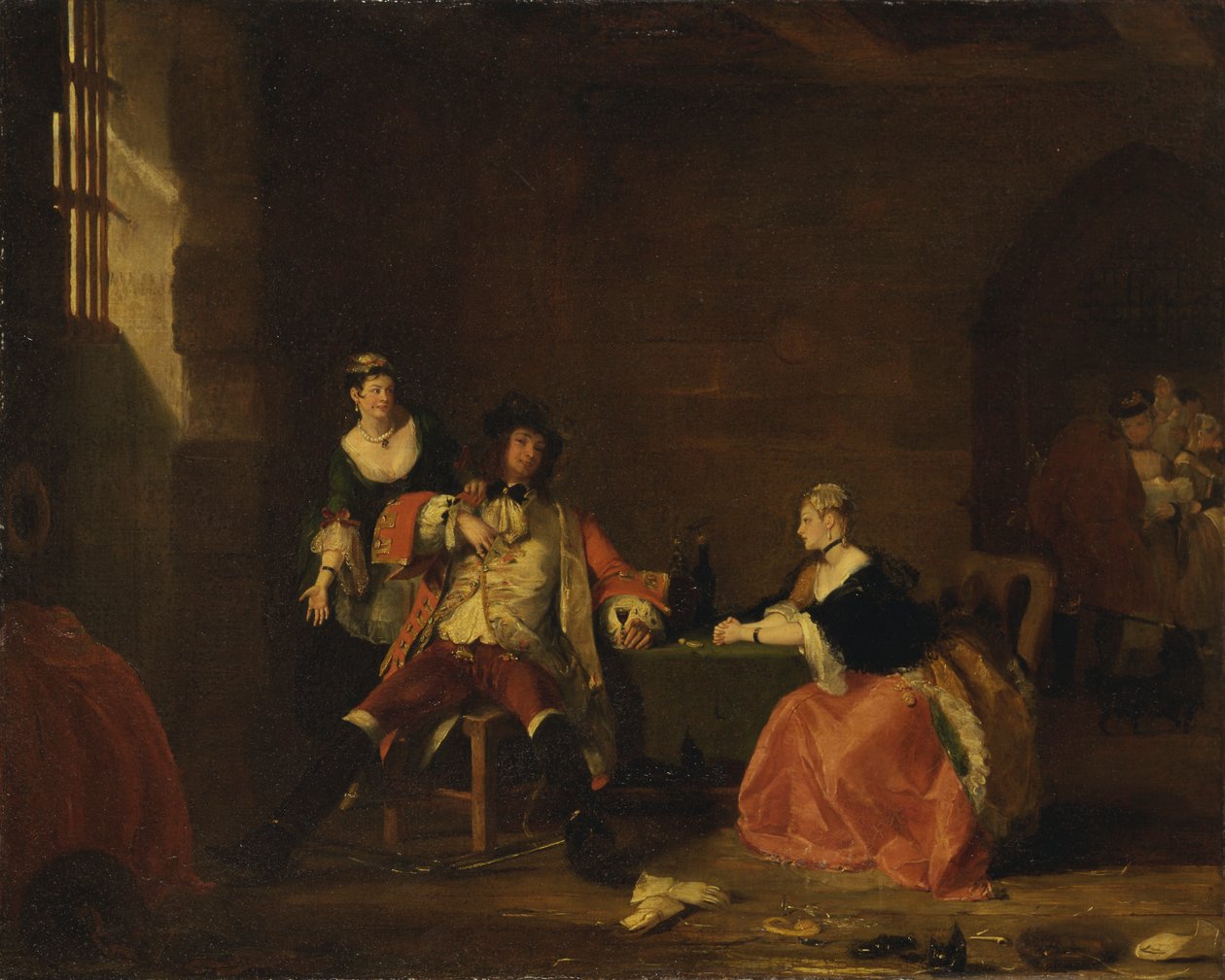 Kaptein Macheath upraided av Polly og Lucy i 'Beggar's Opera', 1826 av Gilbert Stuart Newton