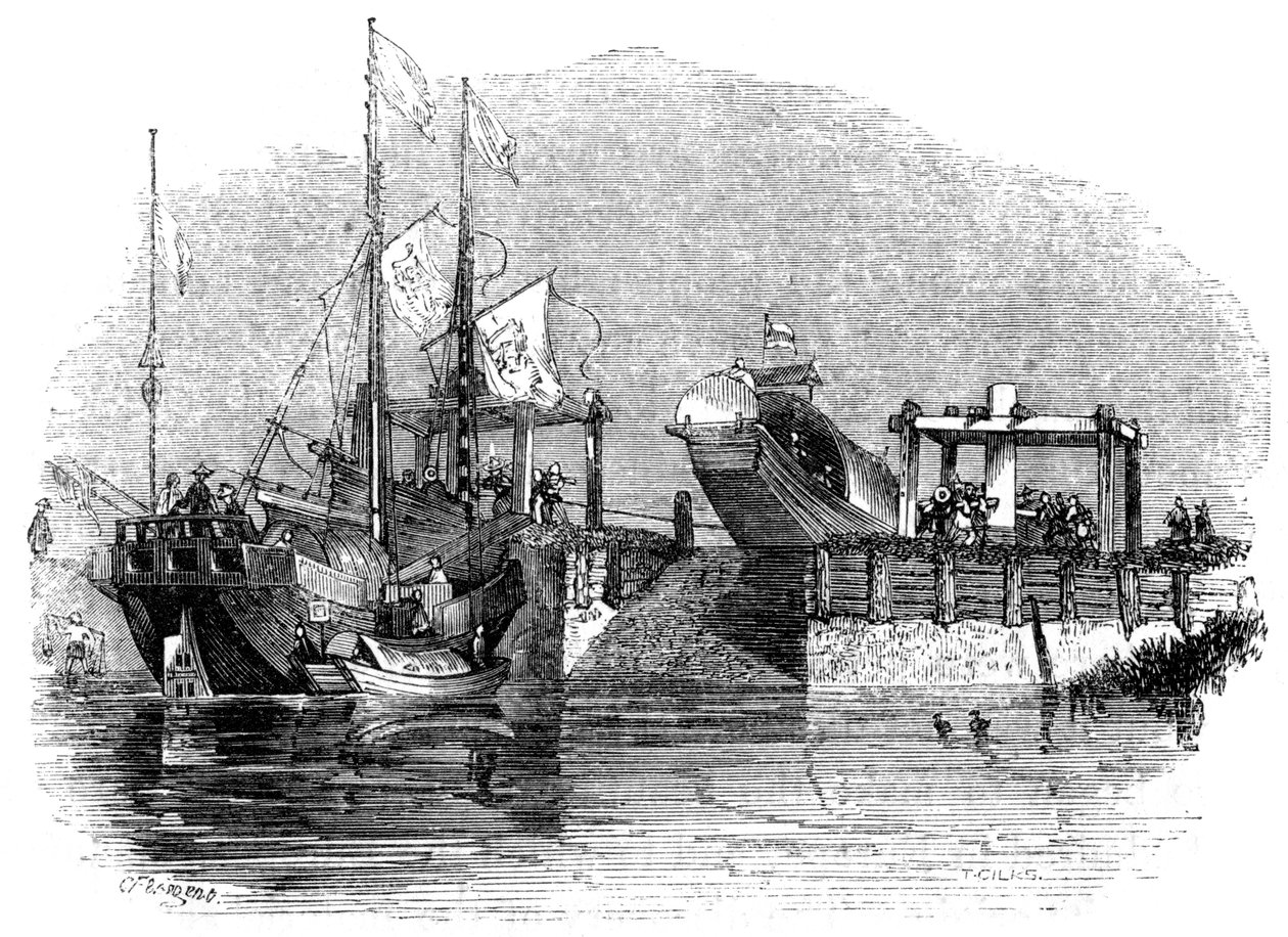 Båt trukket over en sluse eller sluse på en kanal, 1847 av Giles