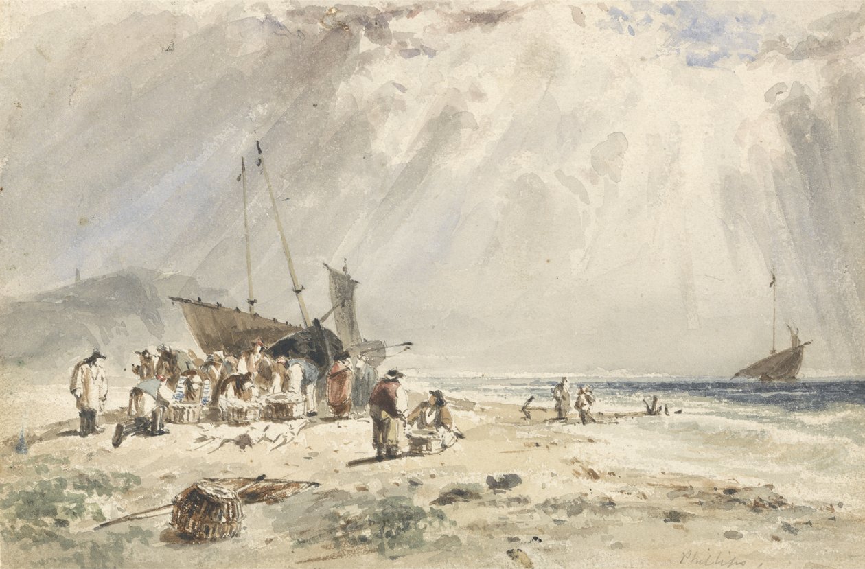 Fishmarket on the Beach (wc over grafitt på papir) av Giles Firman Phillips