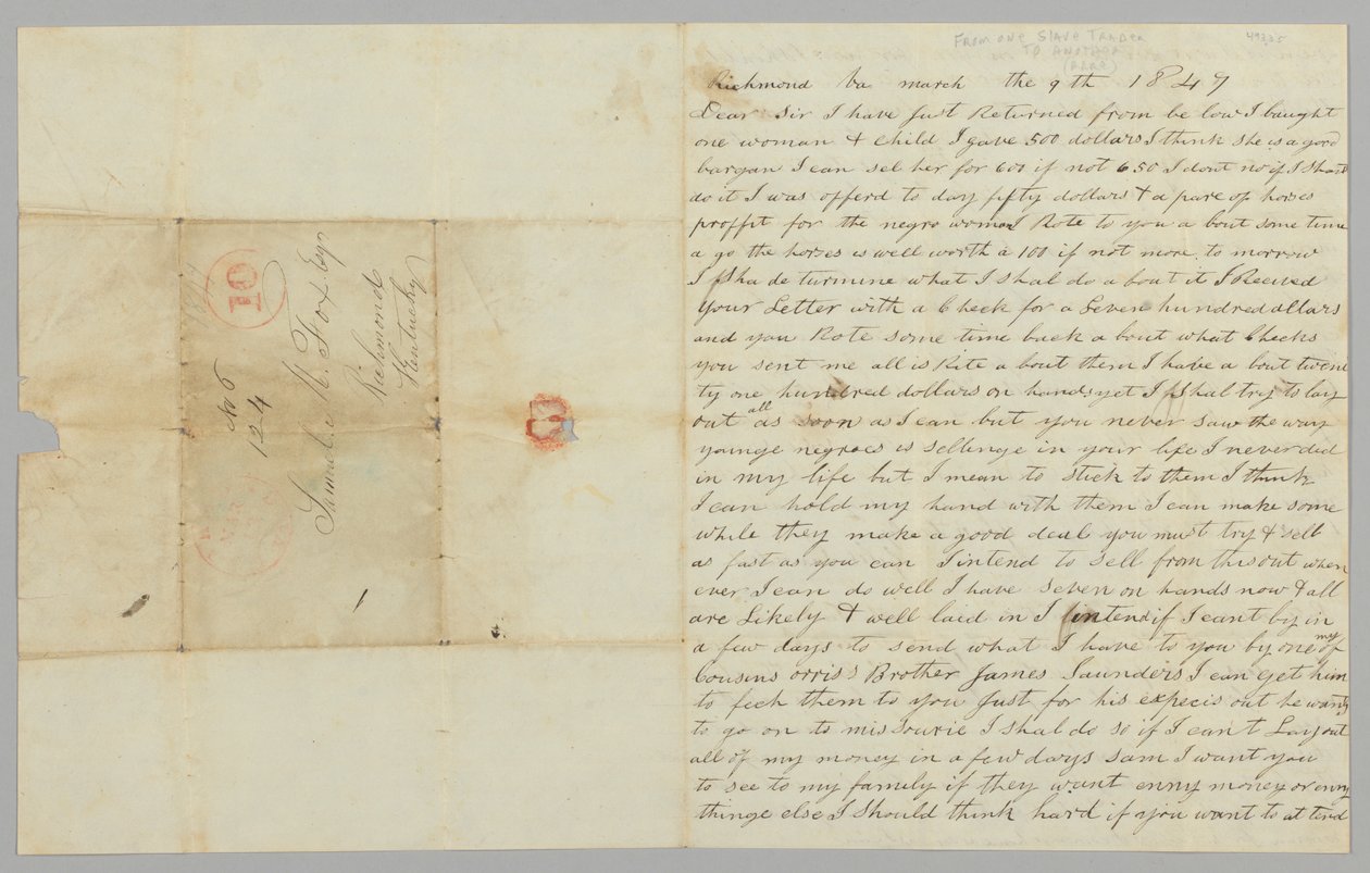 Brev til Samuel Fox fra Giles Saunders angående slavehandel, 9. mars 1847. av Giles Saunders