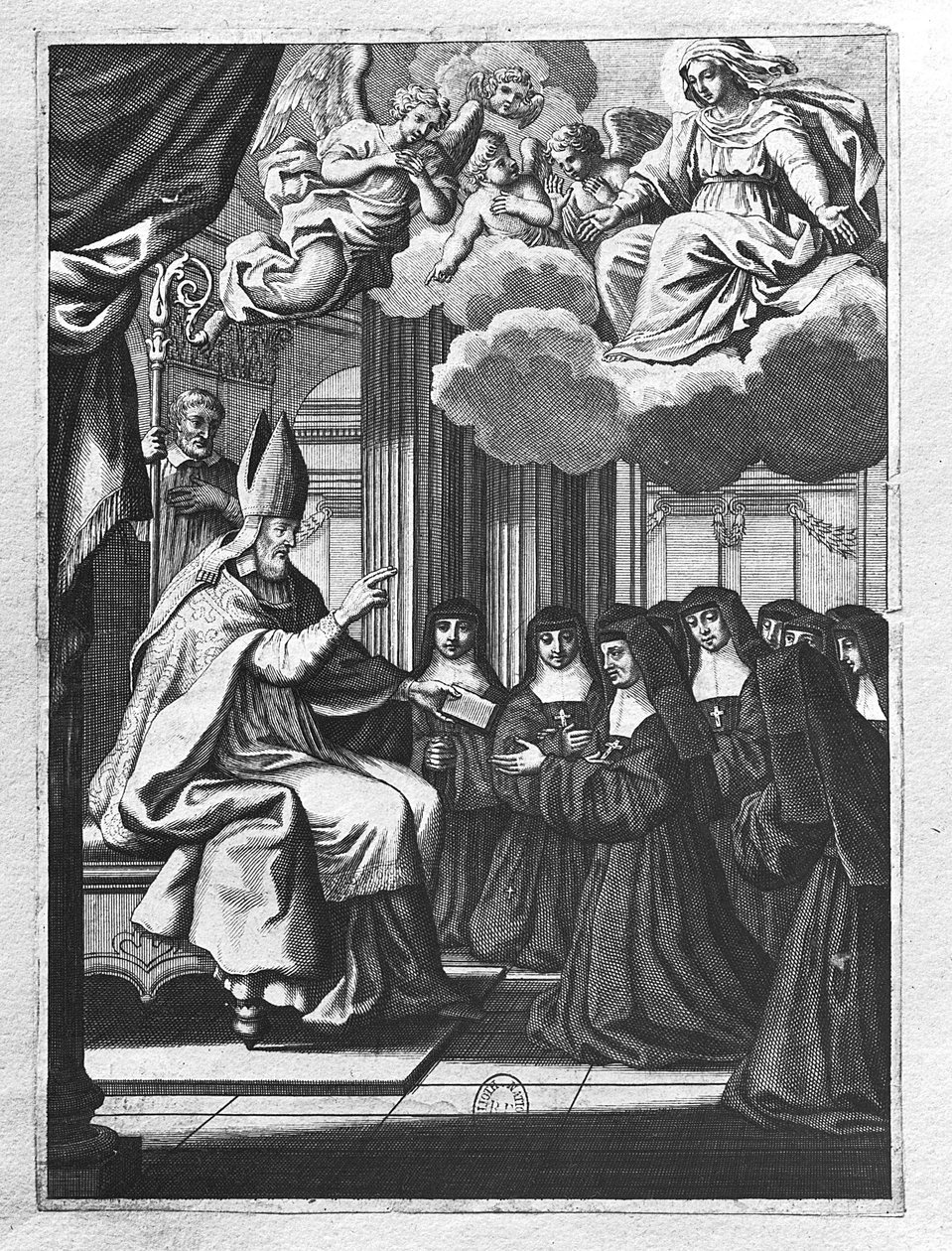 St. Francois de Salles (1567-1622) Gir regelen for besøket til St. Jeanne de Chantal (1572-1641) av Gilles Rousselet