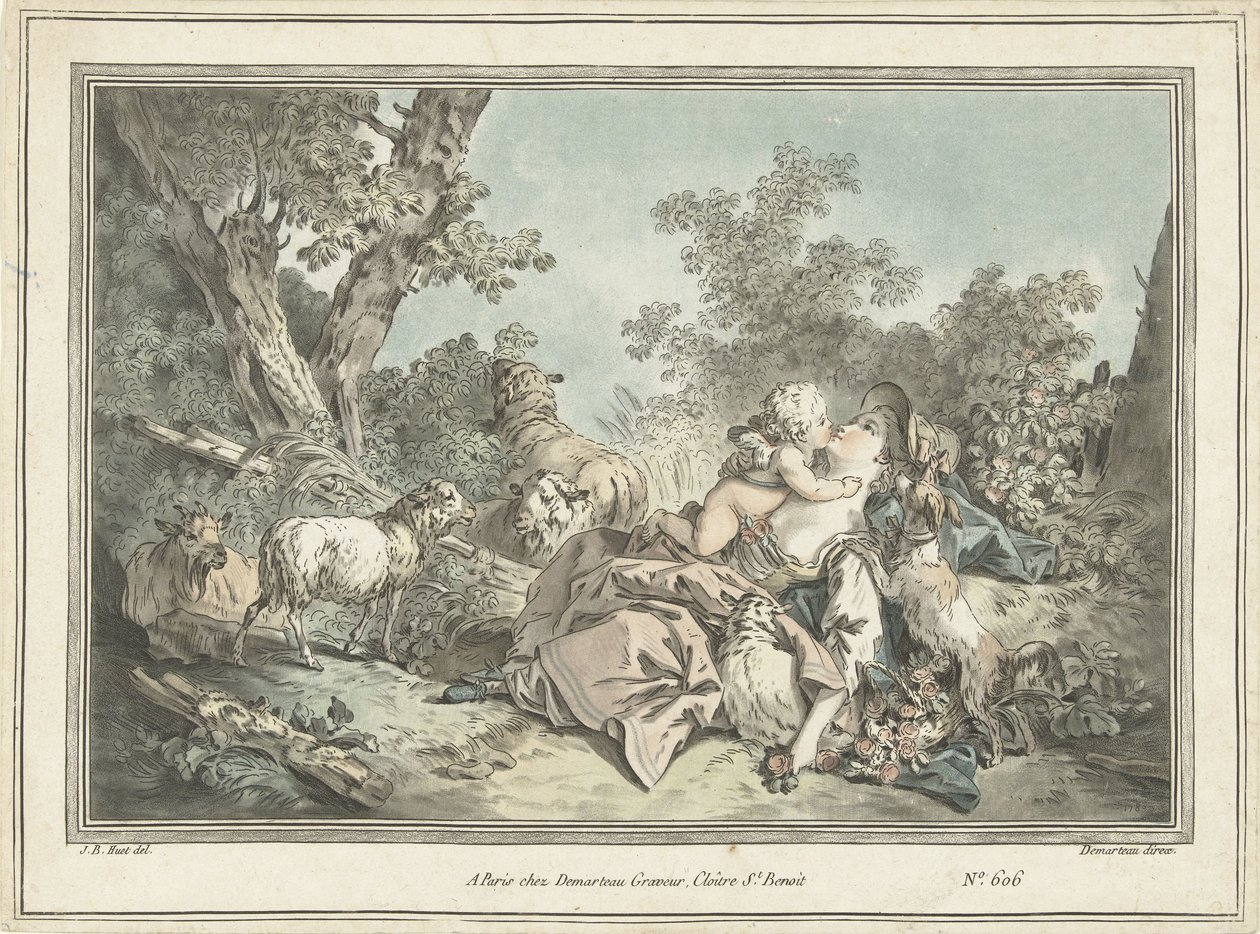 Gjeterinne omfavnet av Amor av Gilles Antoine Demarteau