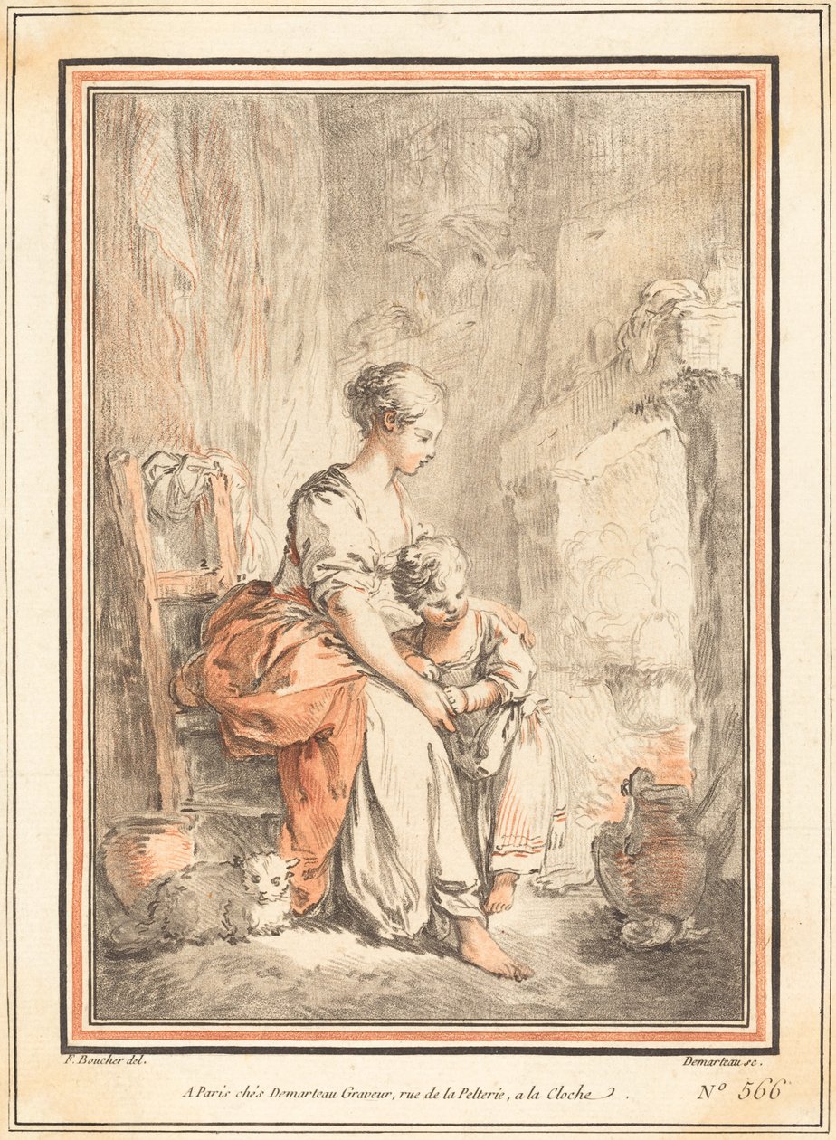 Kvinne og barn foran en peis av Gilles Antoine Demarteau after François Boucher