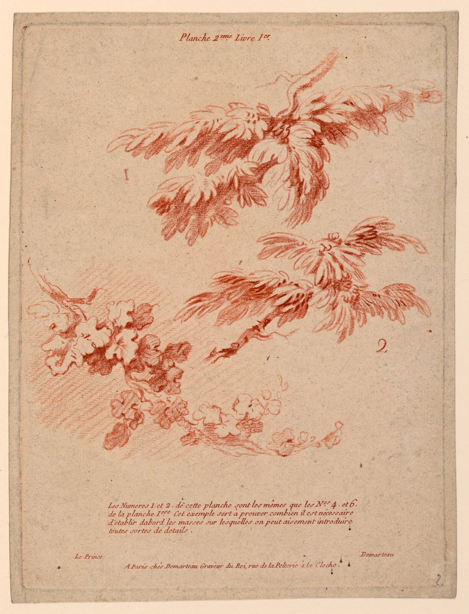 Plate 2 fra bok I, Prinsipper for tegning i landskapssjangeren av Gilles Demarteau