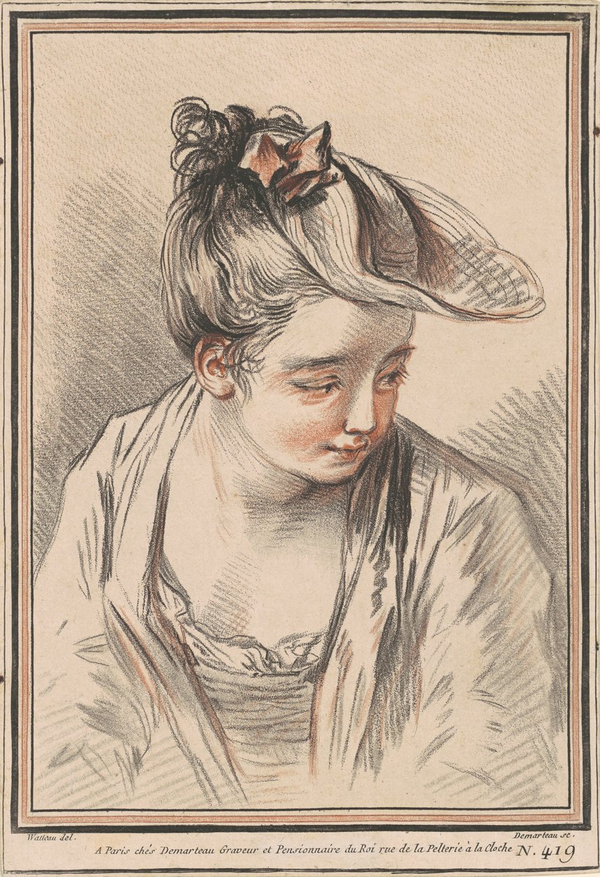 Hodet til en ung kvinne med hatt av Gilles Demarteau the Elder after Antoine Watteau