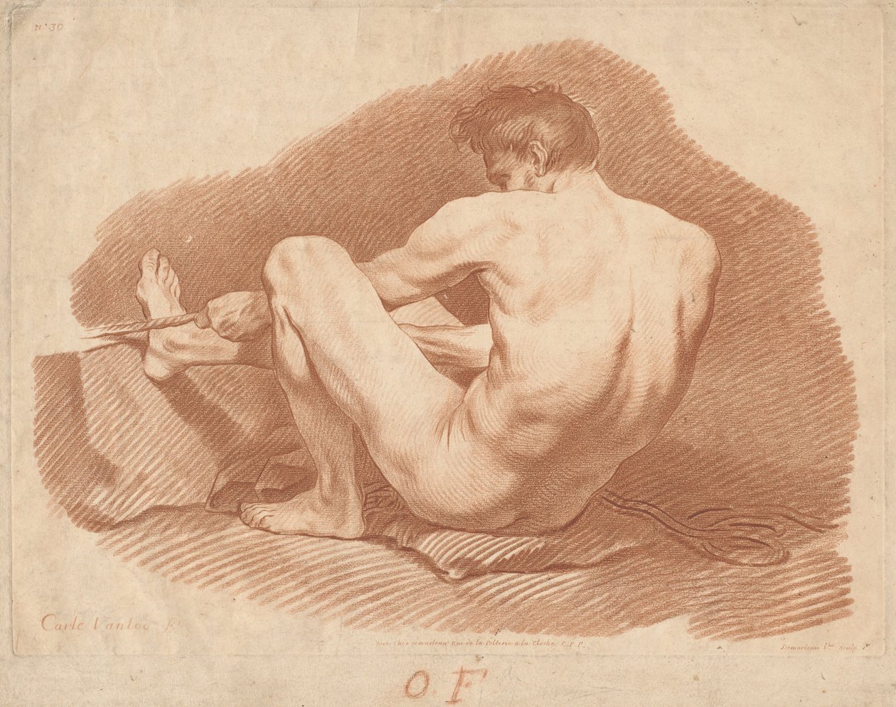 Sittende naken mann, sett bakfra, trekker i et tau av Gilles Demarteau, the Elder after Carle Van Loo