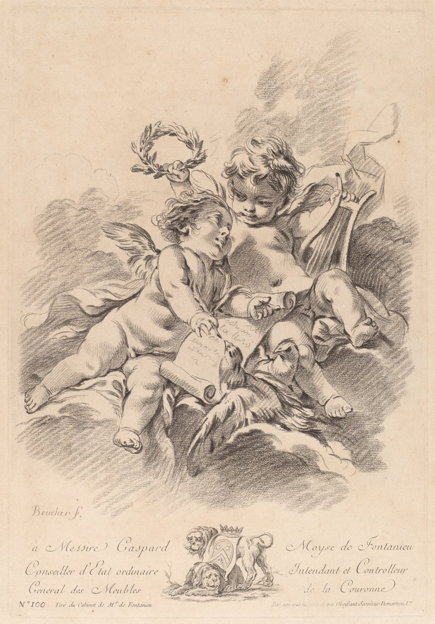 Allegori av musikk med to kjeruber og duer (100) av Gilles Demarteau the Elder after François Boucher