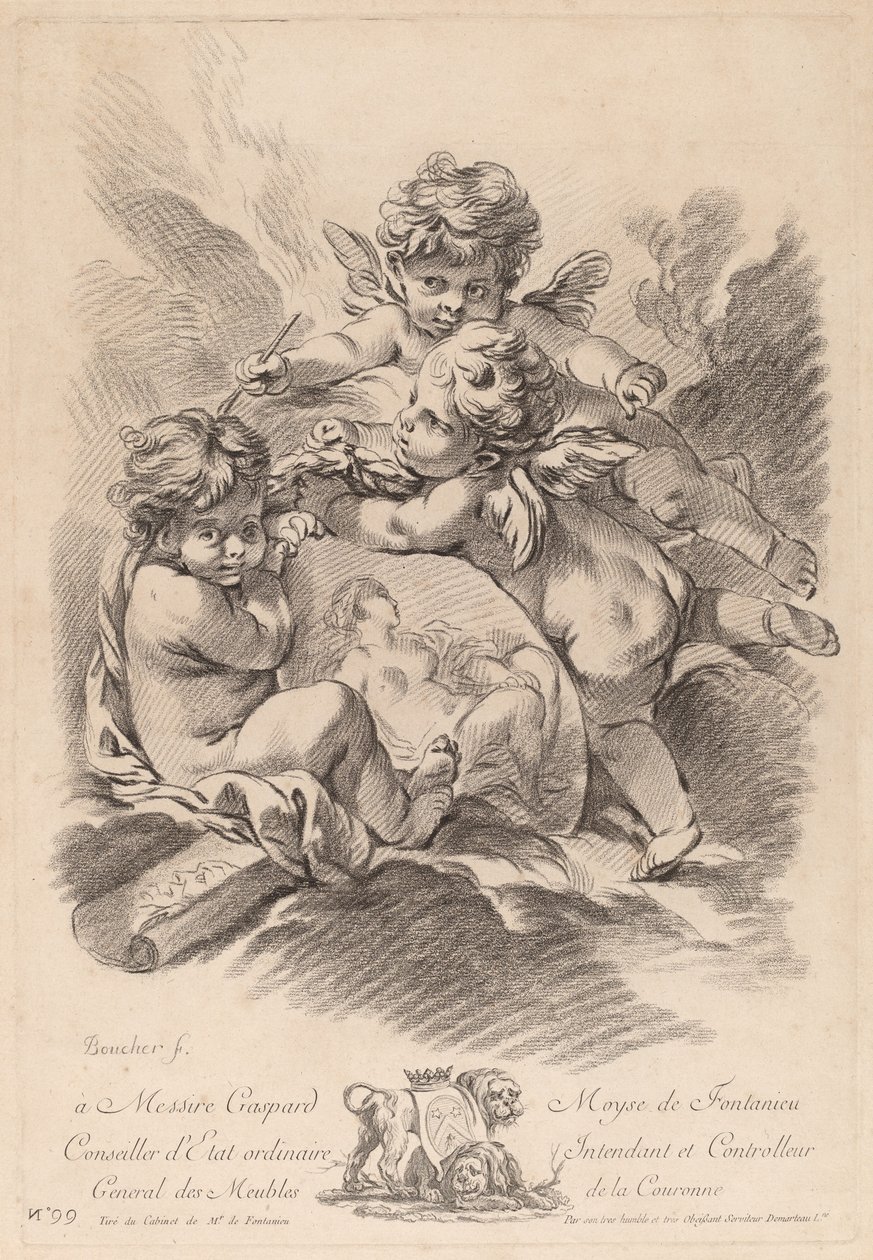 Allegori om å male med tre kjeruber (99) av Gilles Demarteau the Elder after François Boucher