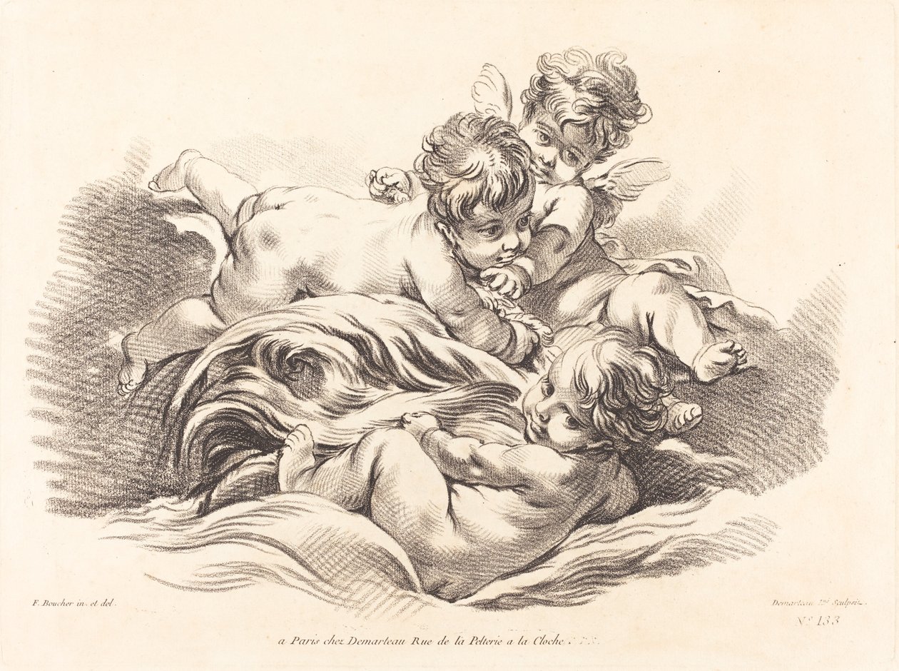 Tre kjeruber som spiller på Dolphin Like Wave av Gilles Demarteau, the Elder after François Boucher