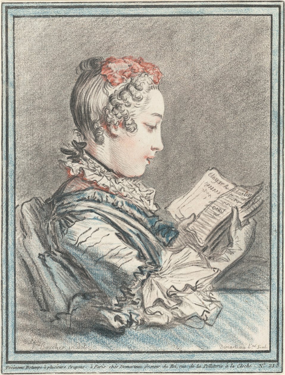 Ung jente som leser "Héloise og Abélard" av Gilles Demarteau, the Elder after François Boucher