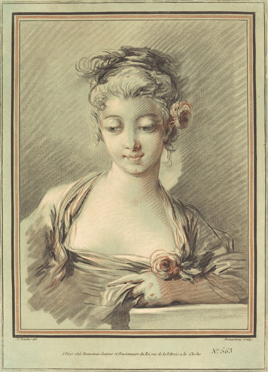 Ung kvinne med en rose av Gilles Demarteau, the Elder after François Boucher