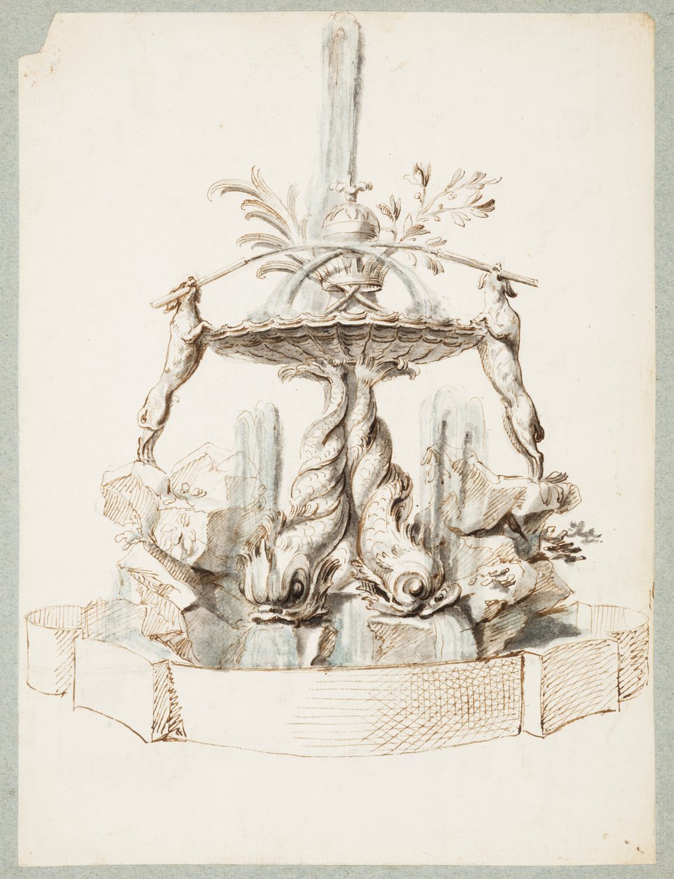 Design for en fontene støttet av delfiner og to hunder av Gilles Marie Oppenord