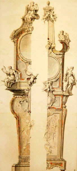 Design av et etui for klokke og barometer med termometer, to versjoner, tidlig på 1730-tallet (penn, pensel, indisk blekk og akvarell på papir) av Gilles Marie Oppenord