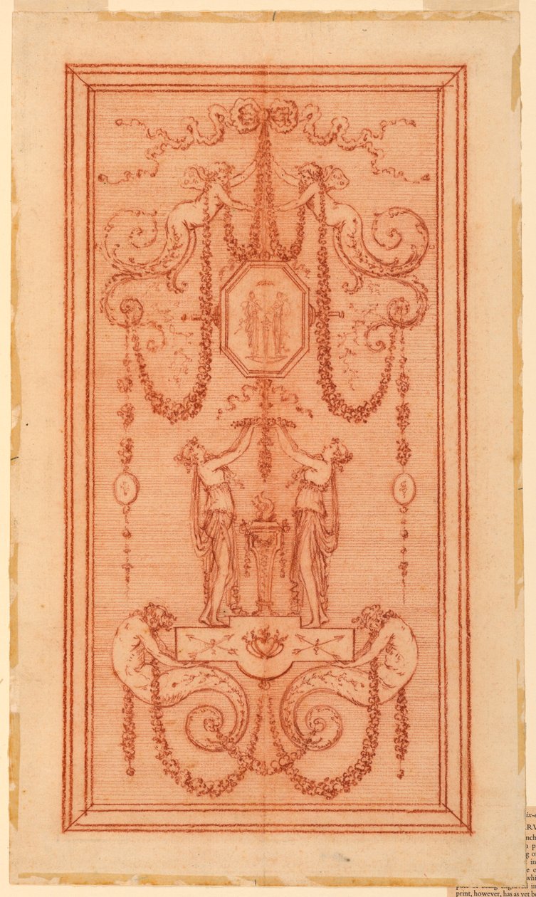 Design for et dekorativt panel (med nymfer og kranser) av Gilles Paul Cauvet