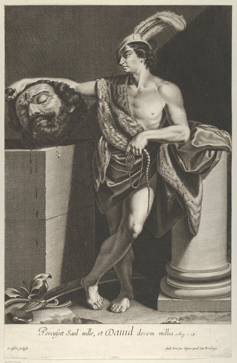 David står med korslagte ben og holder hodet til Goliat på en sokkel ved l..., ca. 1635-45. av Gilles Rousselet