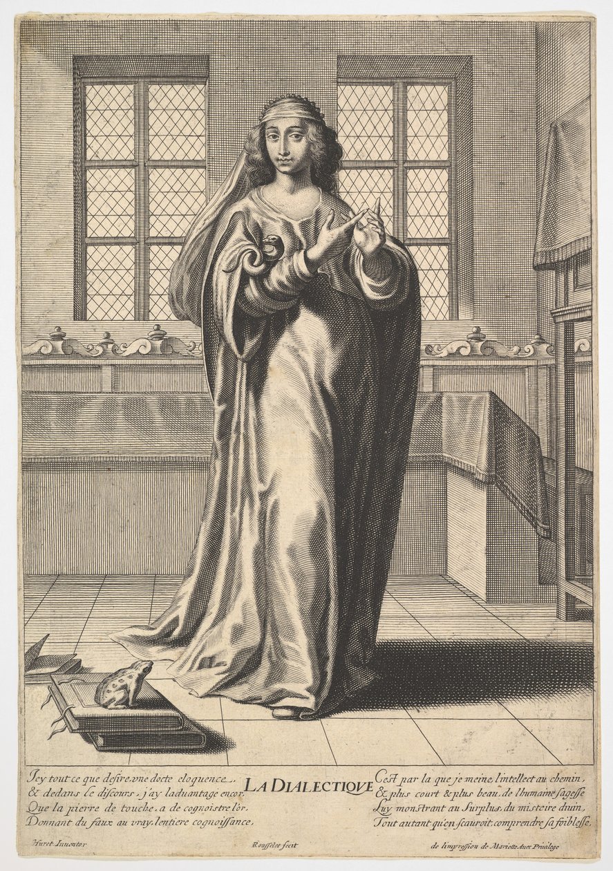 Dialektikk: en ung kvinne som står i et dekorert interiør og berører hennes høyre indeks ..., 1633-35. av Gilles Rousselet