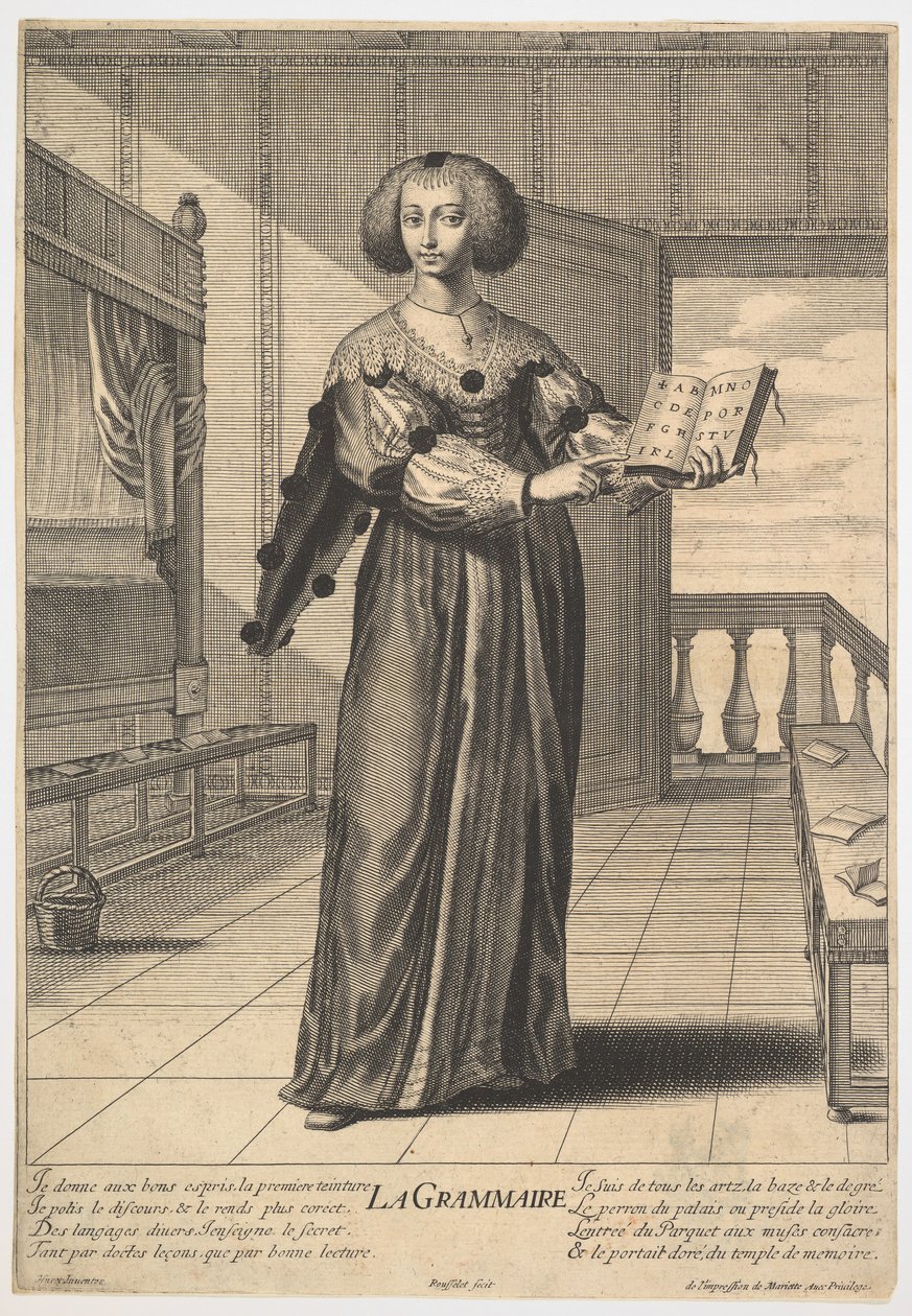 Grammatikk: en ung kvinne som står i et dekorert interiør og holder en åpen bok på venstre side..., 1633-35. av Gilles Rousselet