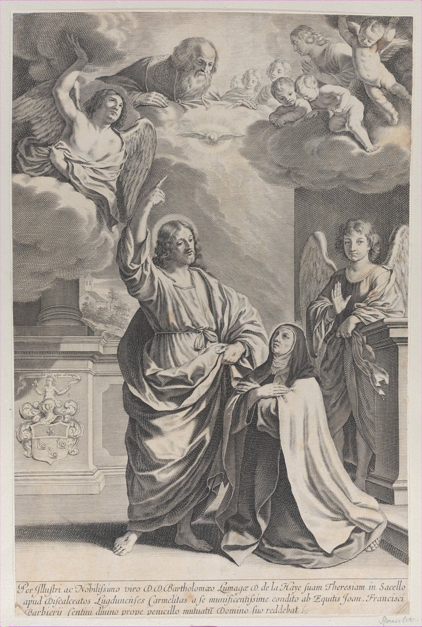 Den hellige Theresa ber sammen med Kristus, som peker oppover til Gud Faderen og ..., 1635-1700. av Gilles Rousselet