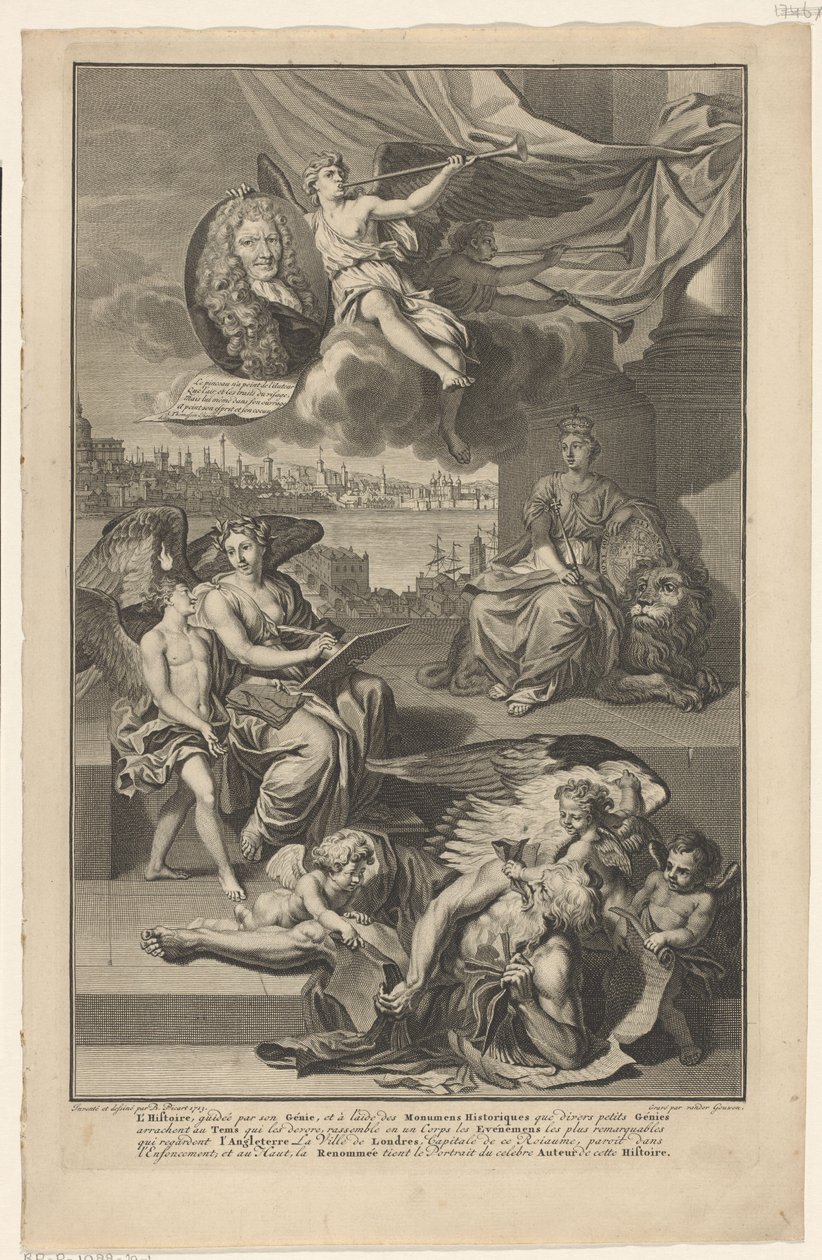Allegori over Storbritannias historie med portrettet av Isaac de Larrey Tittelside for: Isaac de Larrey, Histoire d