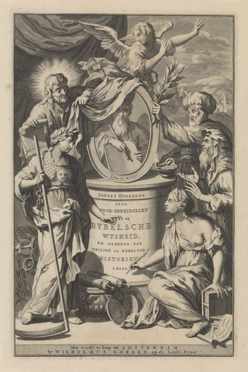 Bibelske figurer avslører portrettet av Moses Tittelside for Wilhelmus Goeree, Forberedelser til bibelsk visdom og bruk av hellige og kirkelige historier, 1690 av Gilliam van der Gouwen