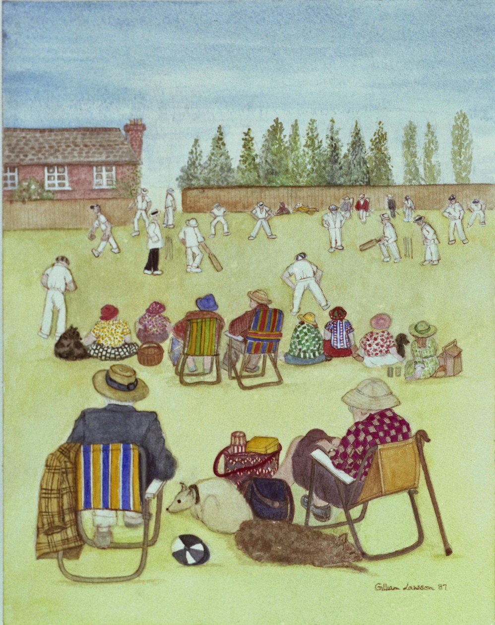 Cricket on the Green, 1987 (akvarell på papir) av Gillian Lawson