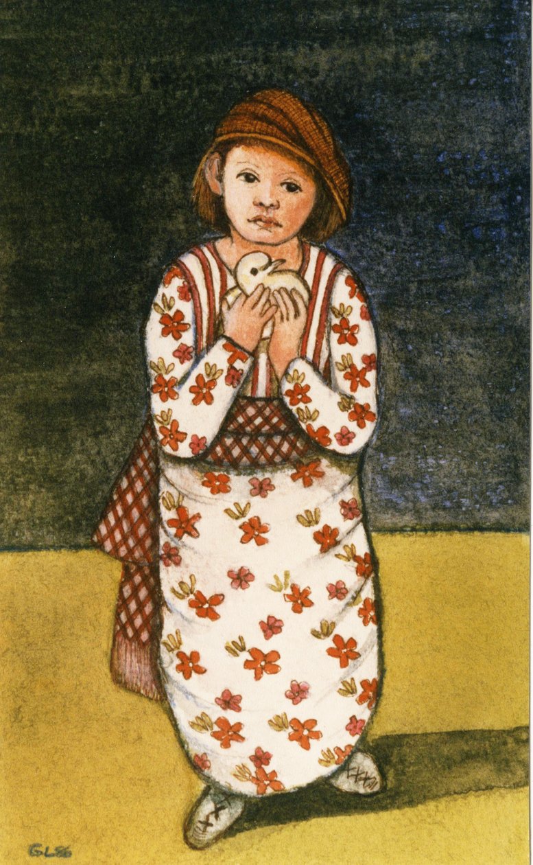 Girl with Dove, 1986 (akvarell på papir) av Gillian Lawson