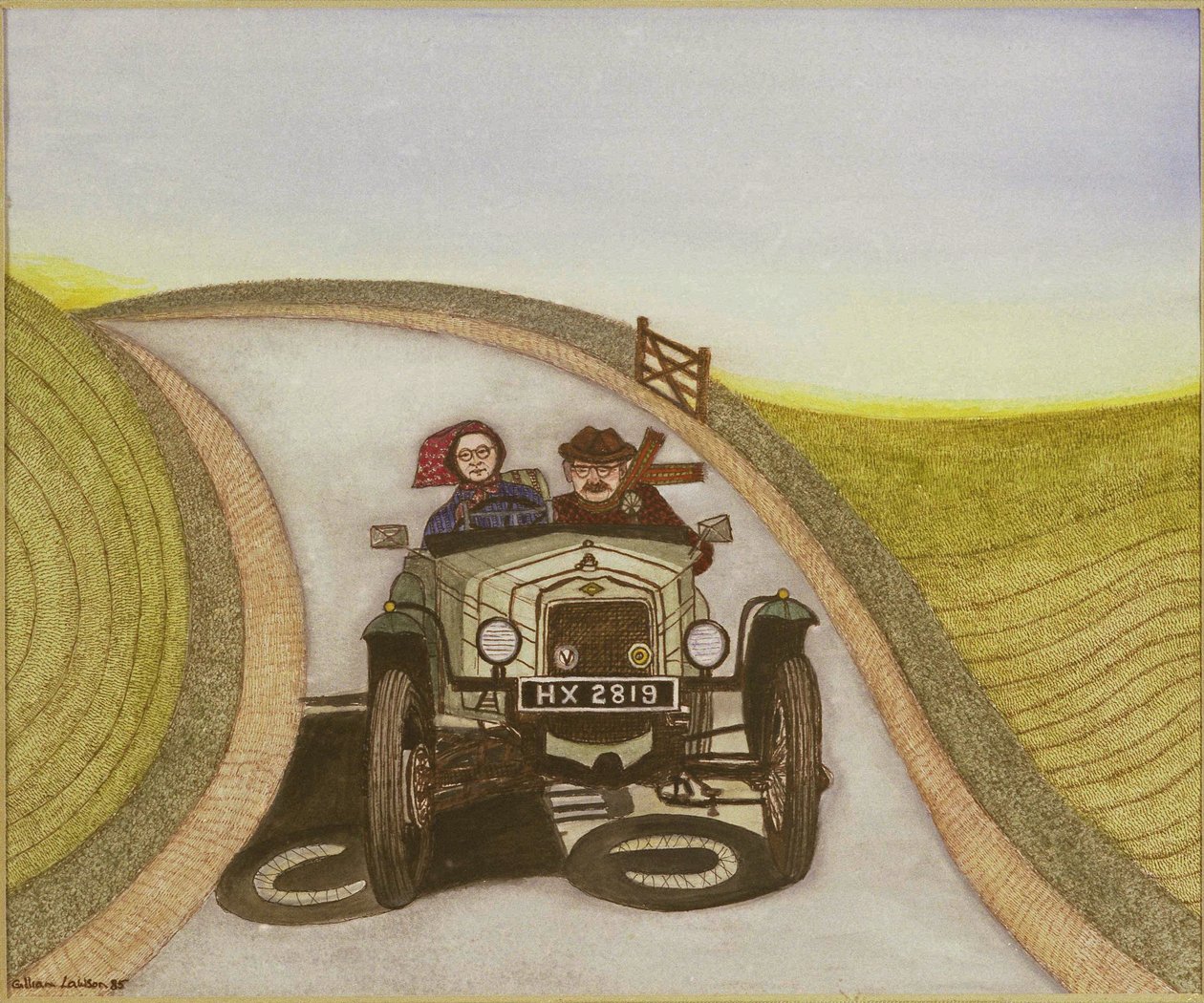 Motorcar, 1985 (akvarell på papir) av Gillian Lawson