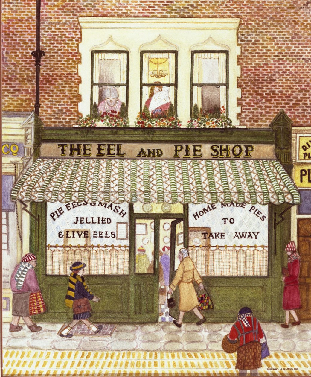 The Eel and Pie Shop, 1989 (akvarell på papir) av Gillian Lawson