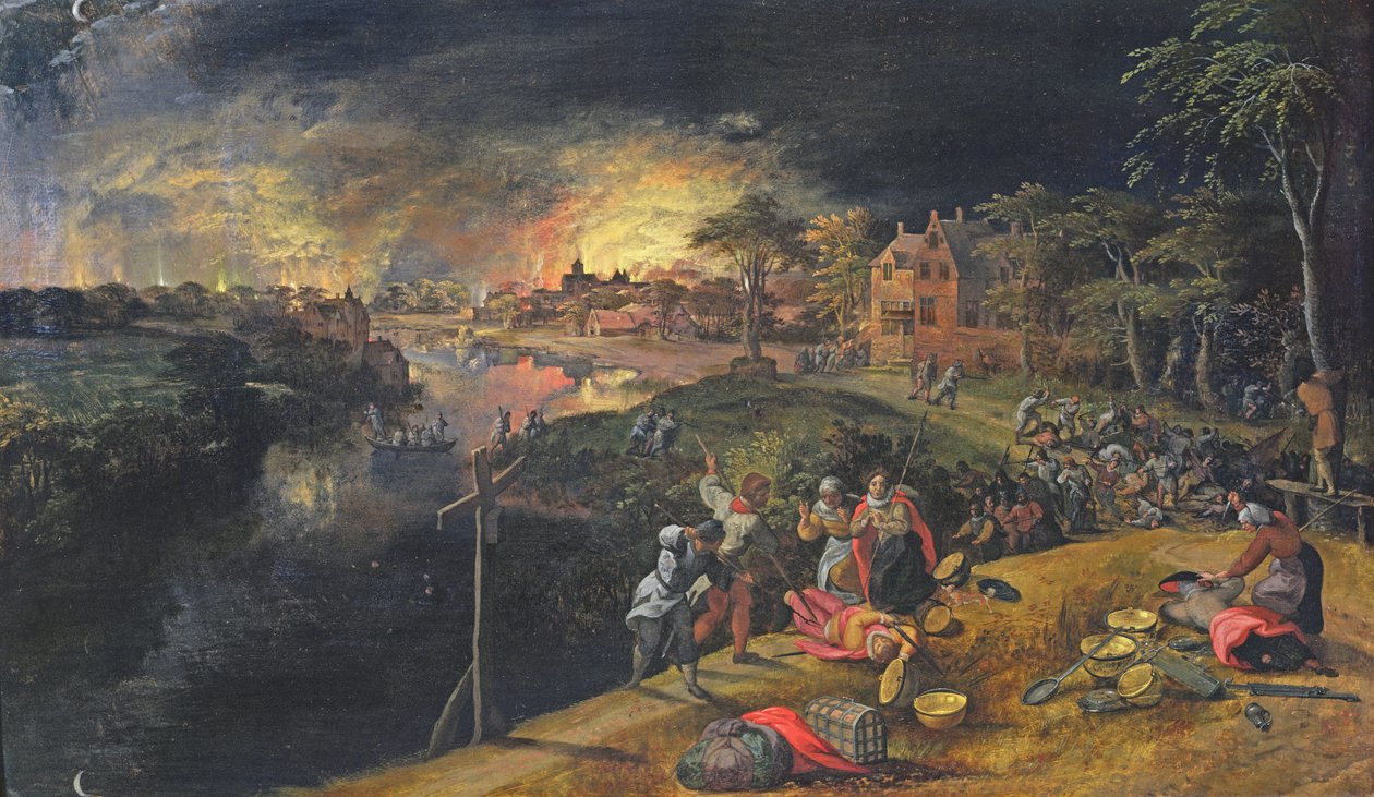 Scene av en krig med en ild, 1569 av Gillis Mostaert