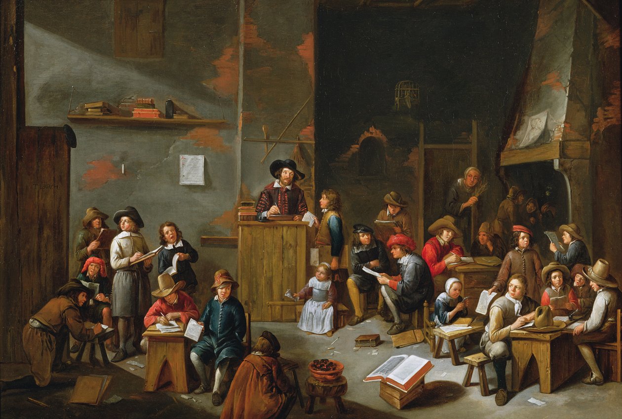 Interiøret i et skolerom av Gillis van Tilborgh the younger
