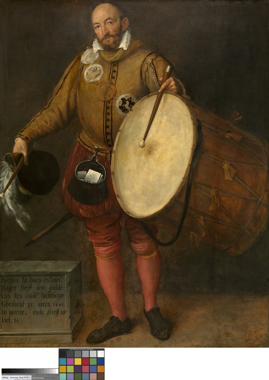 Pierson la Hues, trommeslager og Page of the Old Archers' Guild (olje på tre) av Gillis (c.1535 99) Congnet