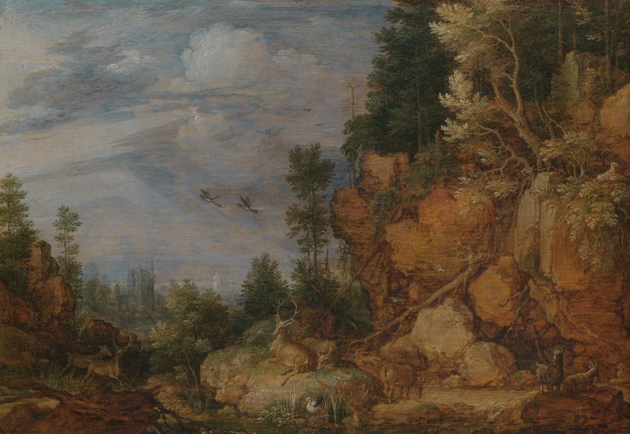 Steinete landskap med hjort og geiter av Gillis Claesz de Hondecoeter