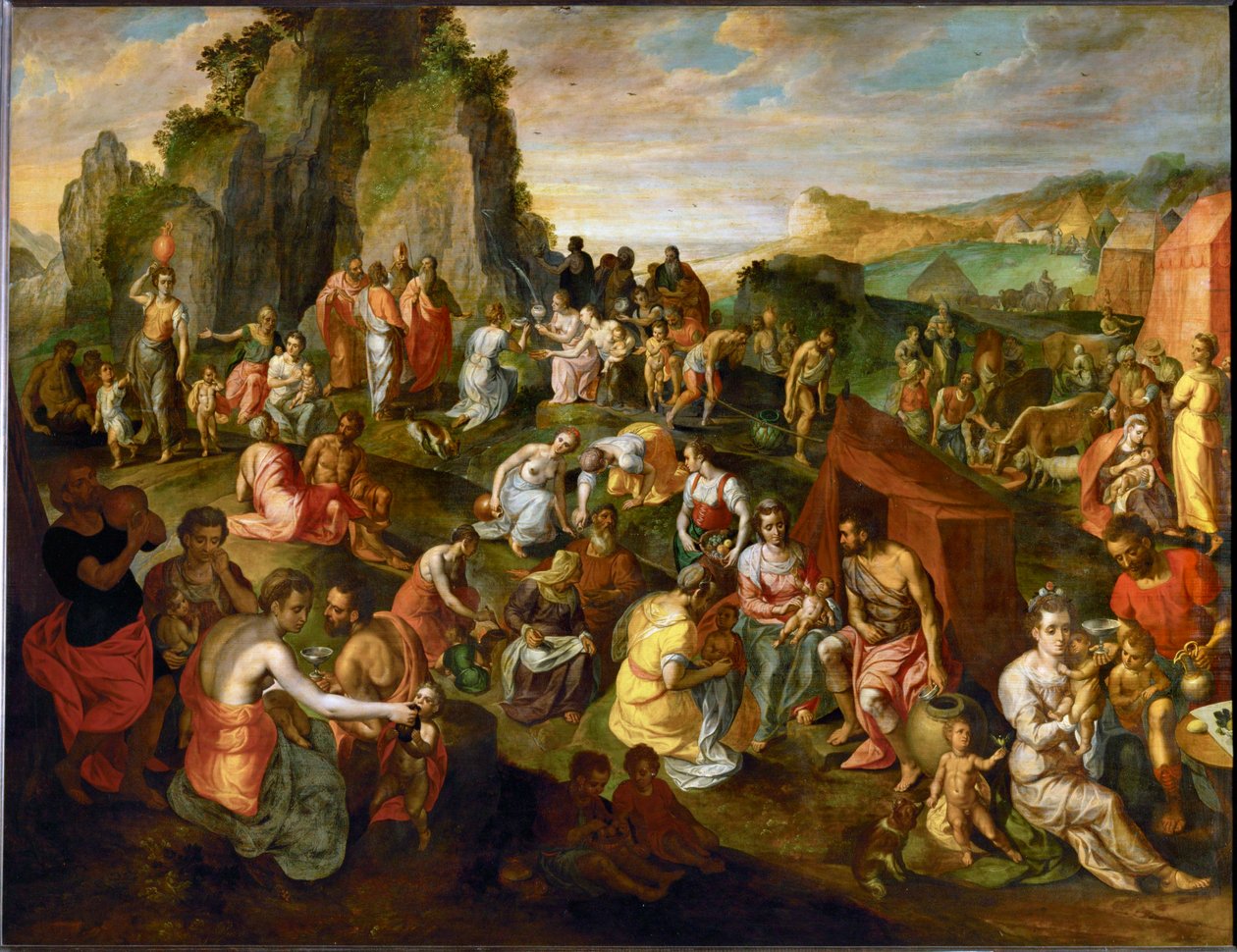 Moses henter vann fra klippen (maleri på eik) av Gillis Mostaert