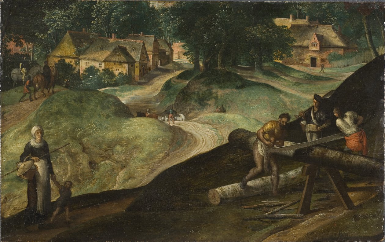 Landskap med menn sager tømmer - Landskap med menn sager tømmer, av Mostaert, Gillis (1534-1598). olje på tre av Gillis Mostaert