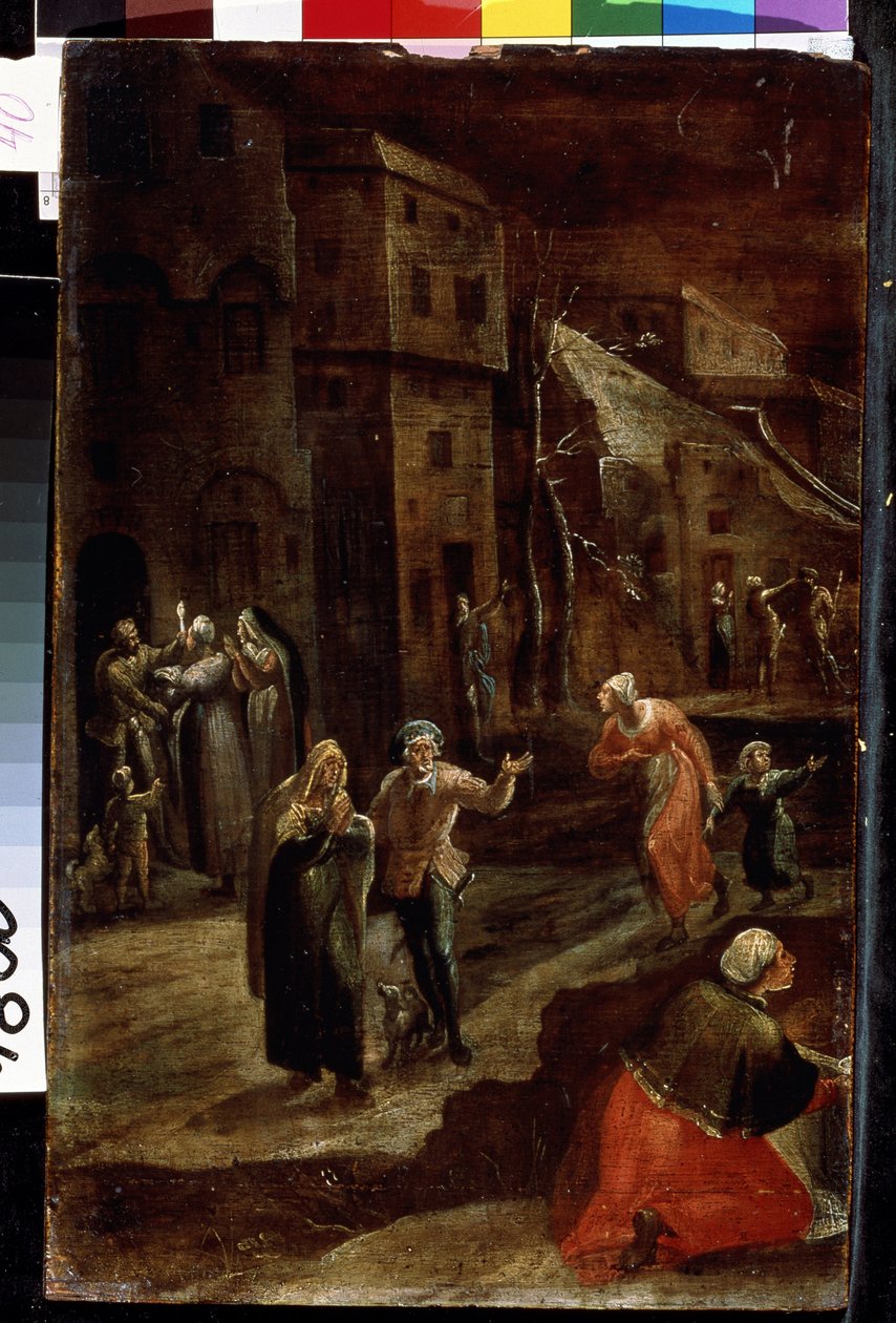 ""Gatescene om natten"" (Nattscene i en by) Innbyggere i en by i Holland ser ut til å flykte fra en trussel, løper og søker tilflukt i husene, inntrykk av frykt og angst. Maleri av Gillis Mostaert (1534-1598) Lviv, Museum of B av Gillis Mostaert