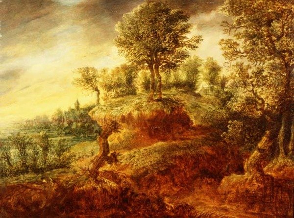 Et skogkledd landskap med en vogn på en sti og en kirke bortenfor av Gillis Neyts
