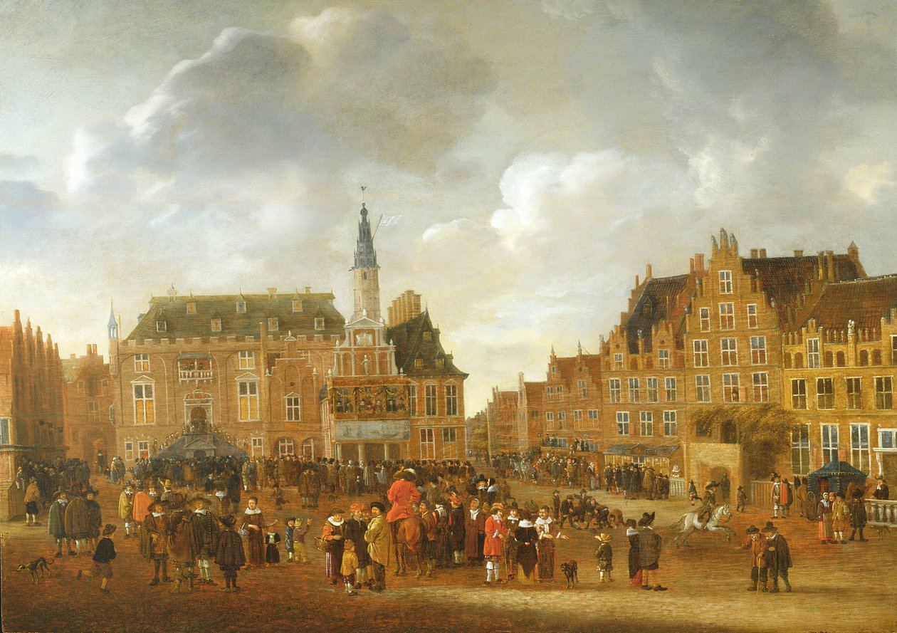 Kunngjøringen av fredstraktaten i Munster i 1648 fra balkongen til rådhuset i Haarlem av Gillis Rombouts