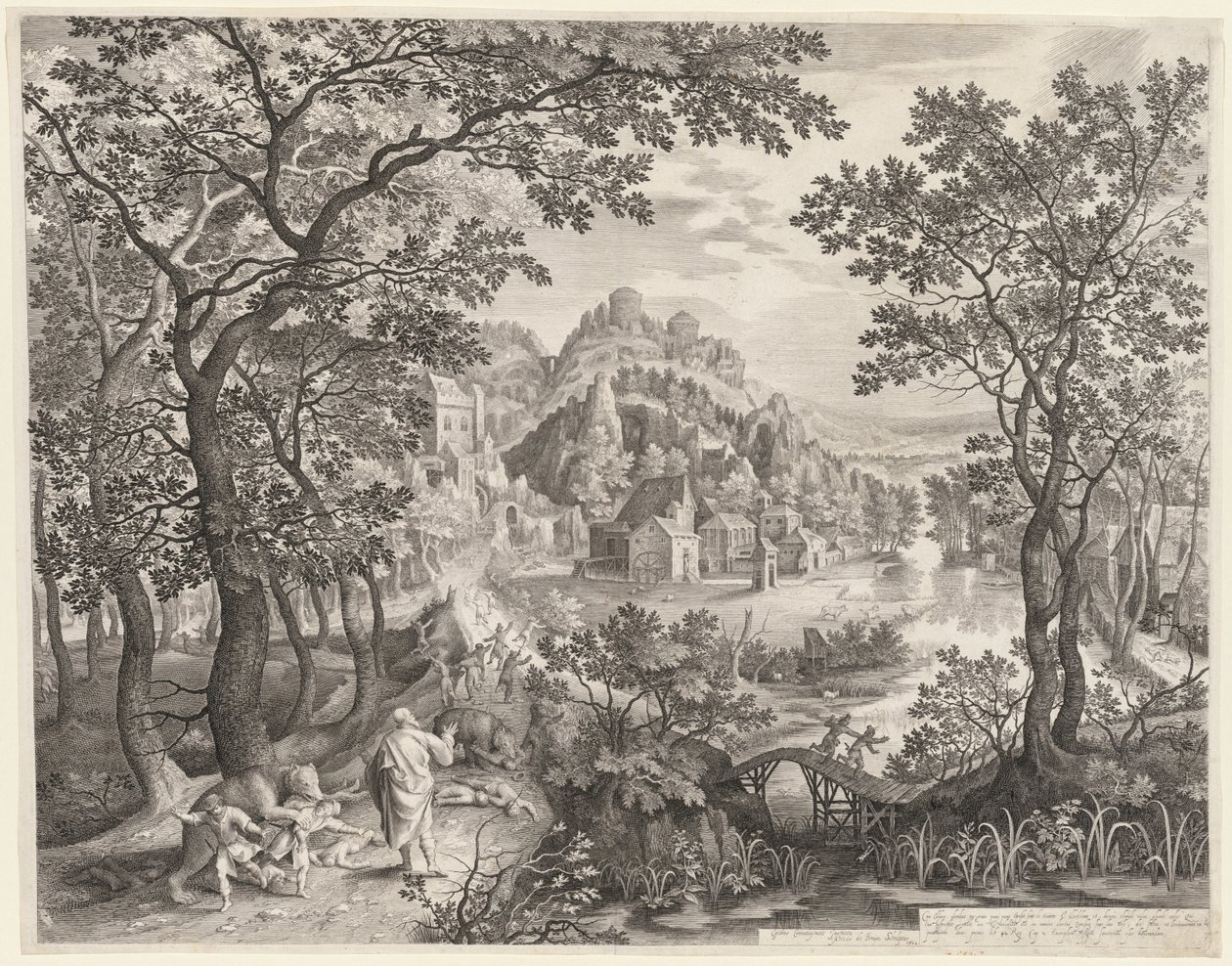 Elisha forbanner barna fra Betel som blir fortært av bjørnene, 1602. av Gillis van Coninxloo