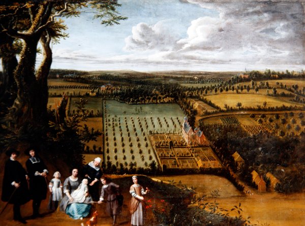 Portrett av en patrisisk familie med utsikter til Manoir deres (olje på lerret) av Gillis van and Hondt Lambert de Tilborgh