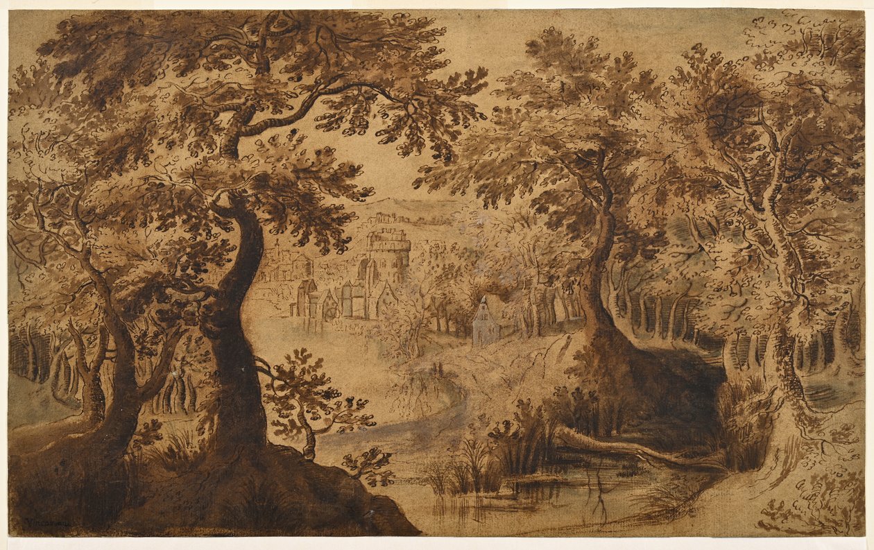 Trelandskap med utsikt av Gillis van III (circle of) Coninxloo