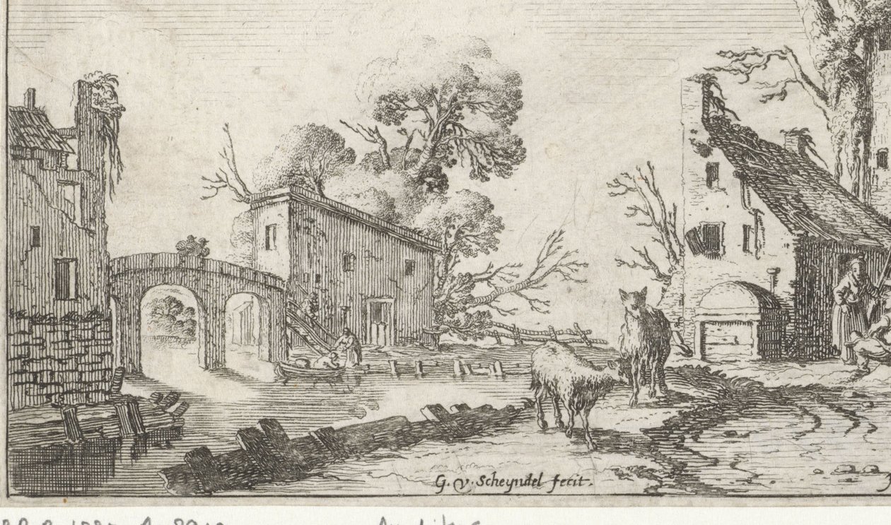 Gård og tårn ved en elv (Het Heor) Landskap med de fem sansene (serietittel) av Gillis van Scheyndel (I)