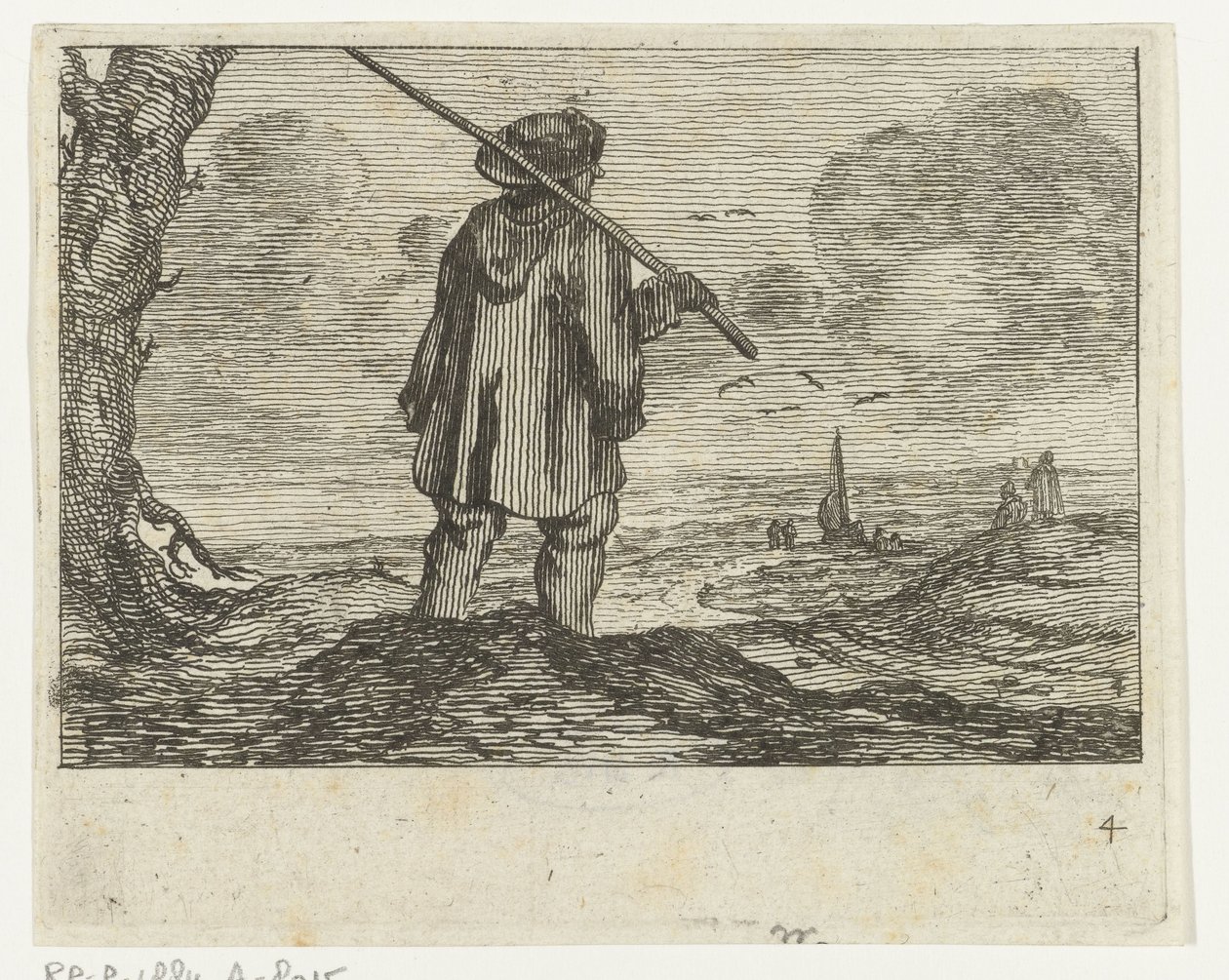 Sanddynelandskap med en mann, med en stav på skulderen Verscheyden Strender og vannlandskap utført av Jan Percelles (serietittel) av Gillis van Scheyndel (I)