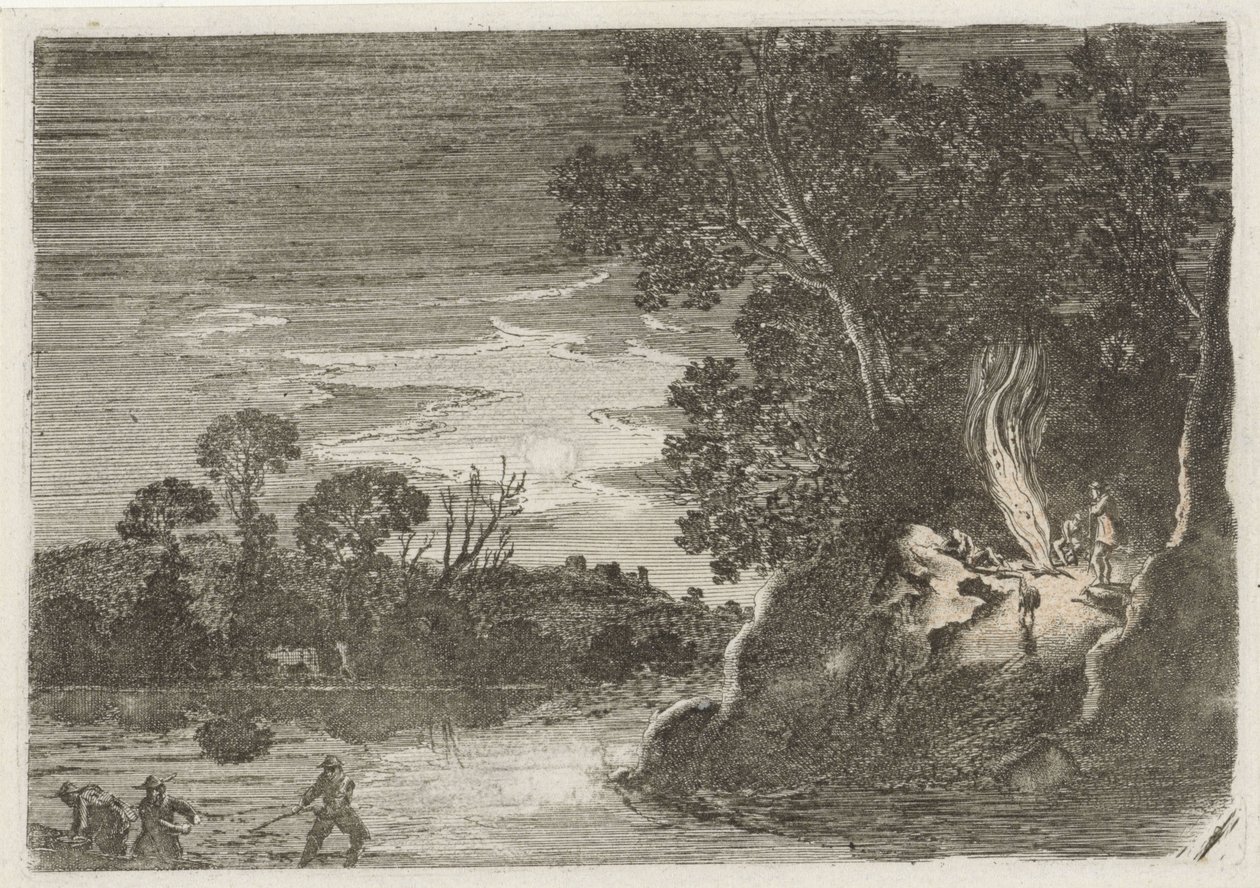 Figurer rundt et bål Syv landskap (serietittel) av Gillis van Scheyndel (I)