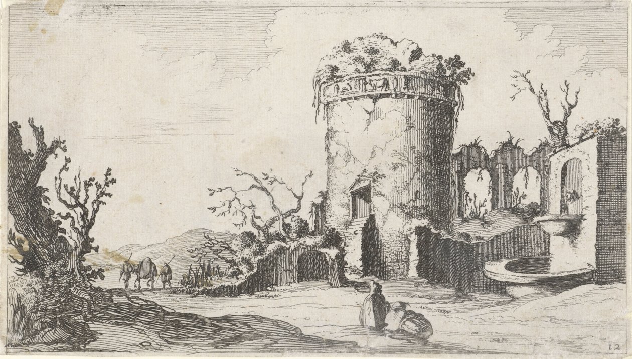 Fontene nær en ruin med et rundt tårn Tolv landskap (serietittel) av Gillis van Scheyndel (I)