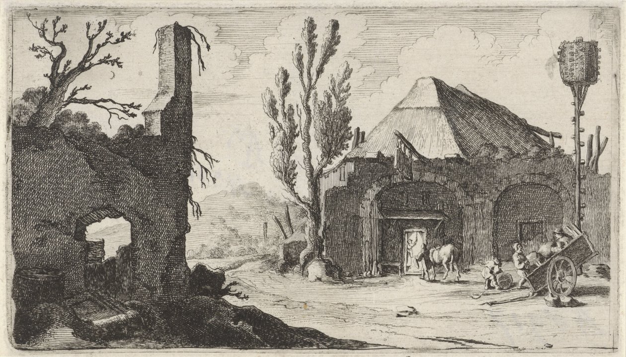 Landevei nær en ruin og et vertshus Tolv landskap (serietittel) av Gillis van Scheyndel (I)