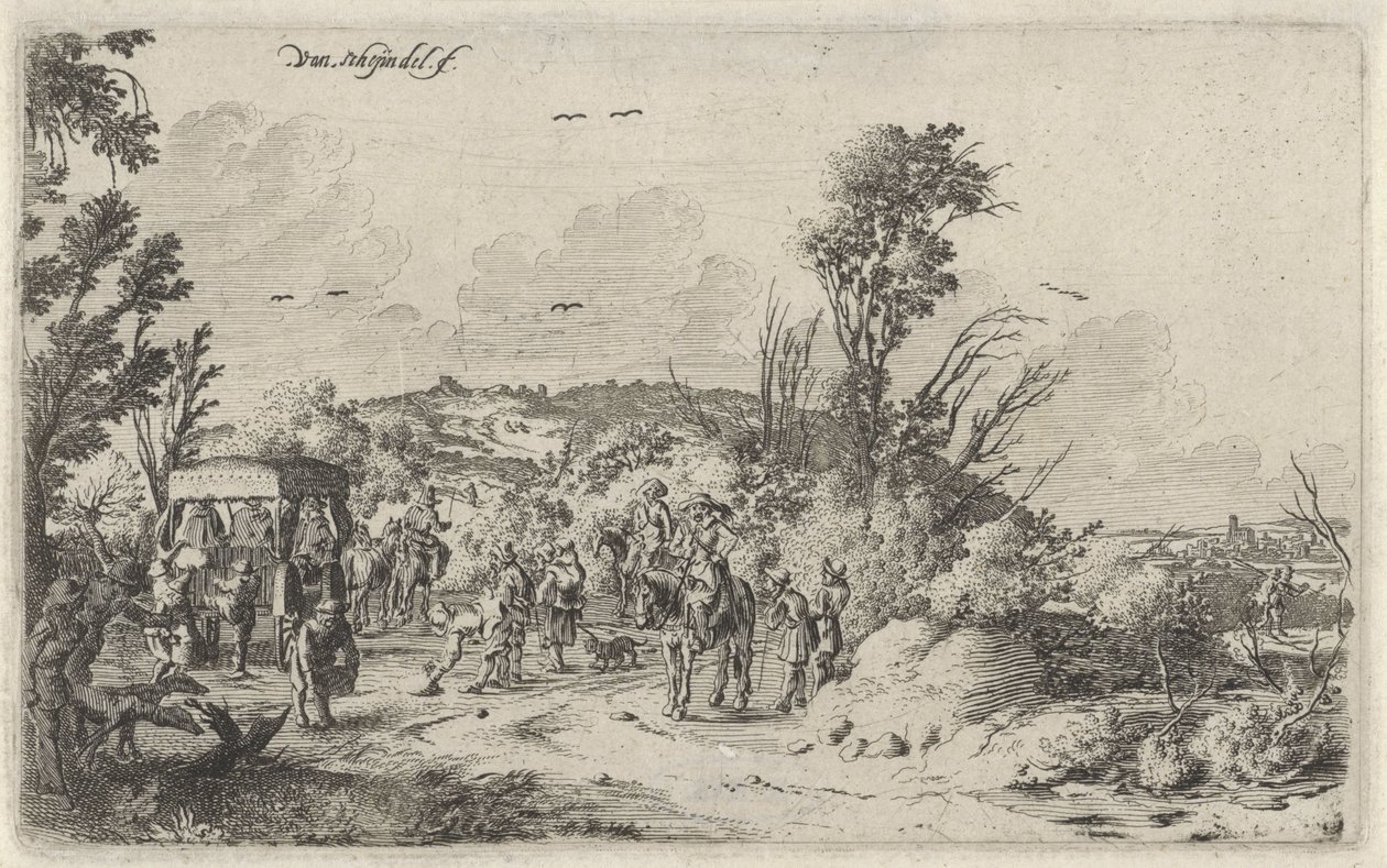Vogn og ryttere på landevei Lukt Landskap med de fem sansene (serietittel) av Gillis van Scheyndel (I)
