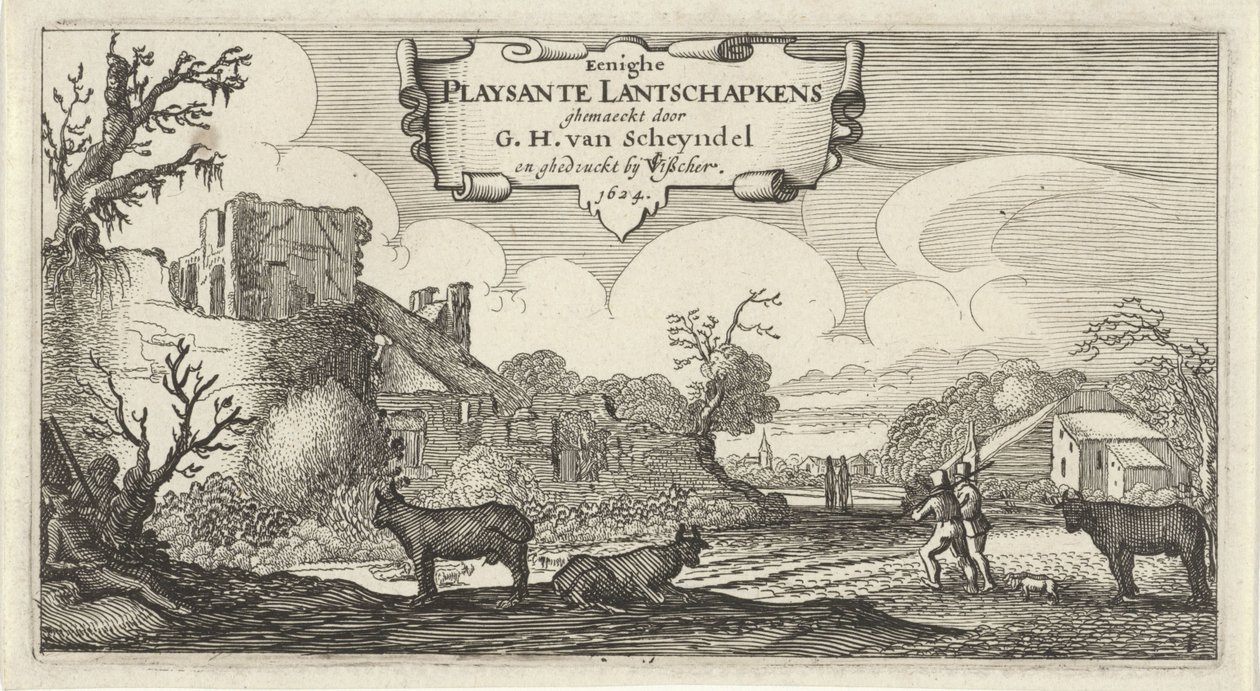 Titteltrykk av tolv landskap med figurer Eenighe Playsante Lantschapkens (tittel på objekt) Tolv landskap med figurer (serietittel) av Gillis van Scheyndel (I)