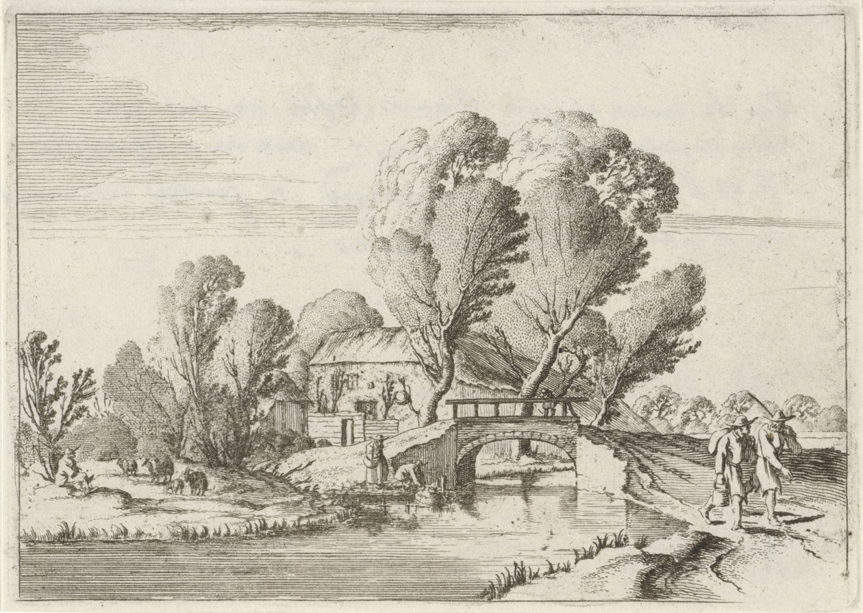 To turgåere ved en kanal Syv landskap (serietittel) av Gillis van Scheyndel (I)