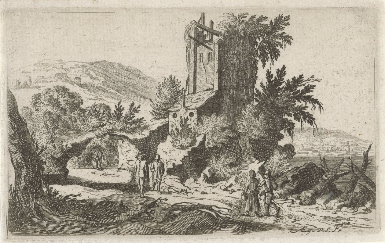Turgåere ved en ruin Seks landskap (serietittel) av Gillis van Scheyndel (I)